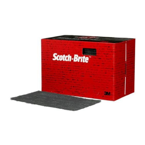 Red Scotch-Brite box with a black sanding pad on a white background