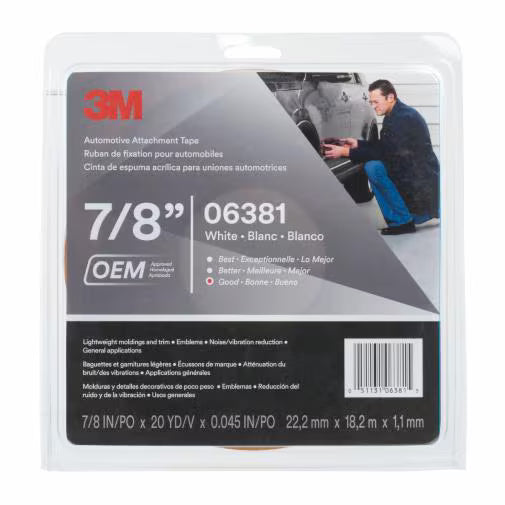 3M 06381 Double-Sided Automotive Attachment Tape white 7/8 inch x 20 yard roll