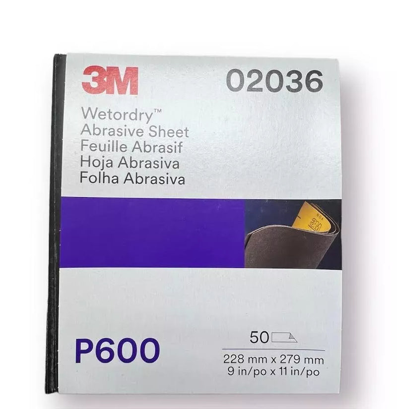 3M 02036 600 grit Wetordry abrasive sandpaper sheets (5.5" x 9"), 50 pack