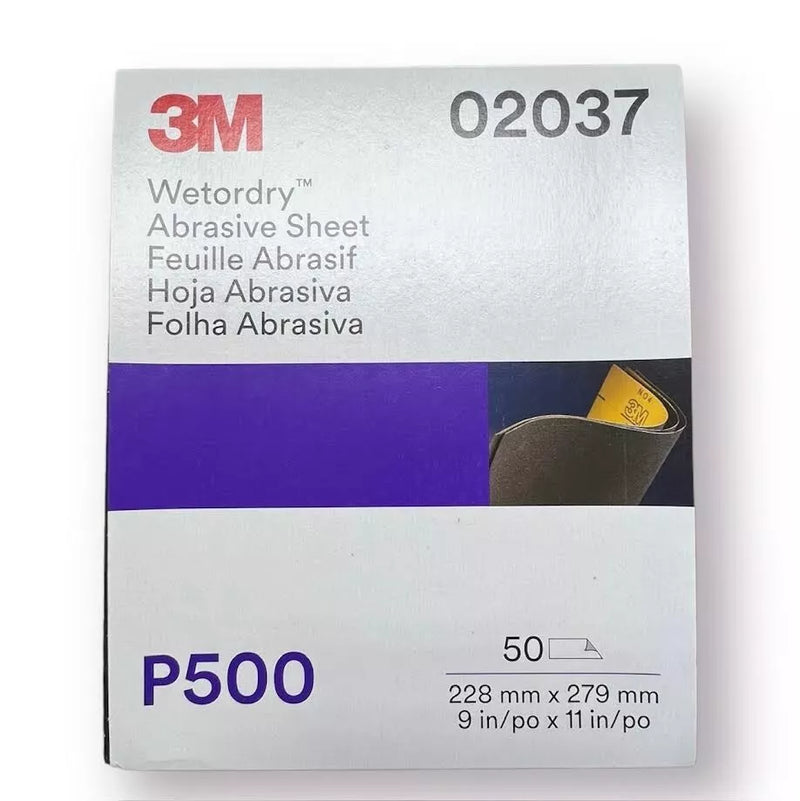3M 02037 500 grit Wetordry abrasive sandpaper sheets (9" x 11"), 50 pack