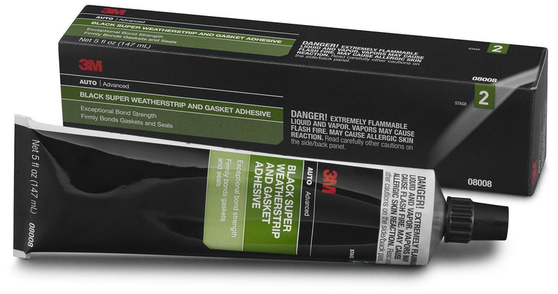 3M black super weatherstrip and gasket adhesive with packaging on a white background