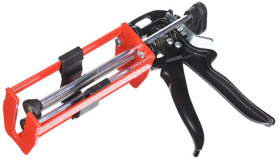 Red and black caulking gun on a white background