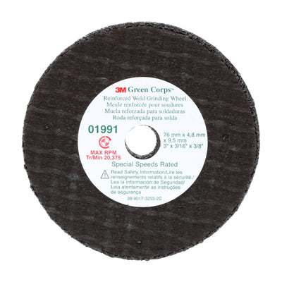 3M Green Corps reinforced weld grinding wheel on a white background