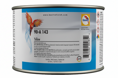 Can of yellow paint with branding and product details on a white background