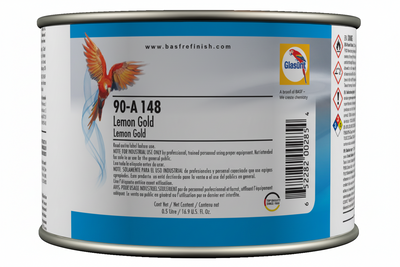 Can of Lemon Gold paint with a bird illustration on the label