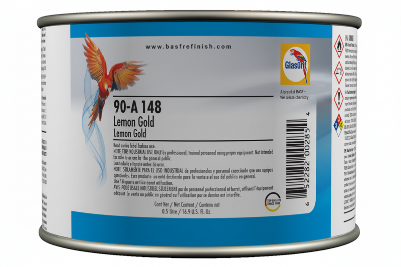 Can of Lemon Gold paint with a bird illustration on the label