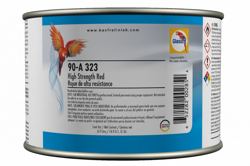 Can of high strength red paint with label on a white background