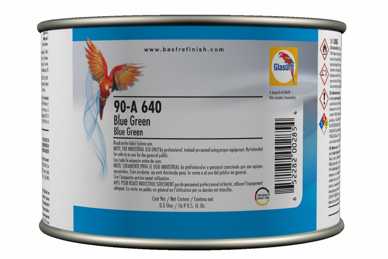 Can of blue green paint with label on a white background