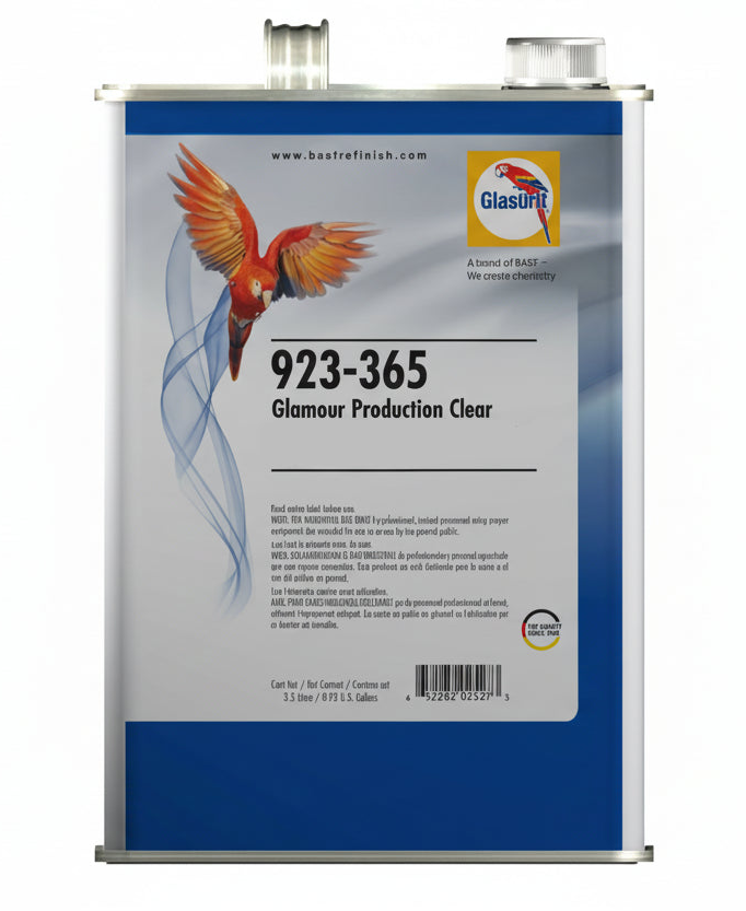 Glanzufinish automotive finish can with a parrot graphic on a white background