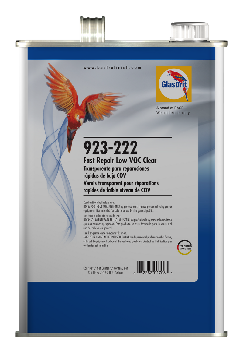 Glasurit 923-222 fast repair low VOC clear coat container with colorful parrot illustration on label.