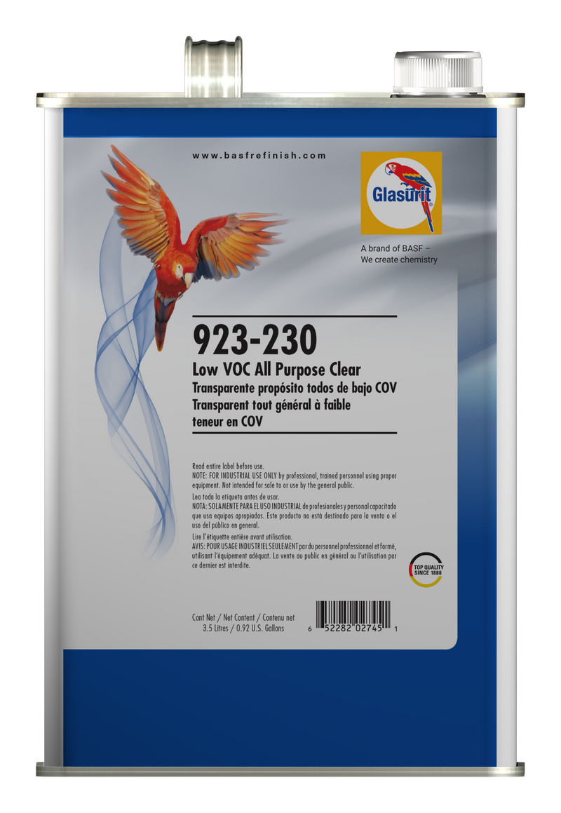 Can of Glasurit 923-230 Low VOC All Purpose Clear on a white background