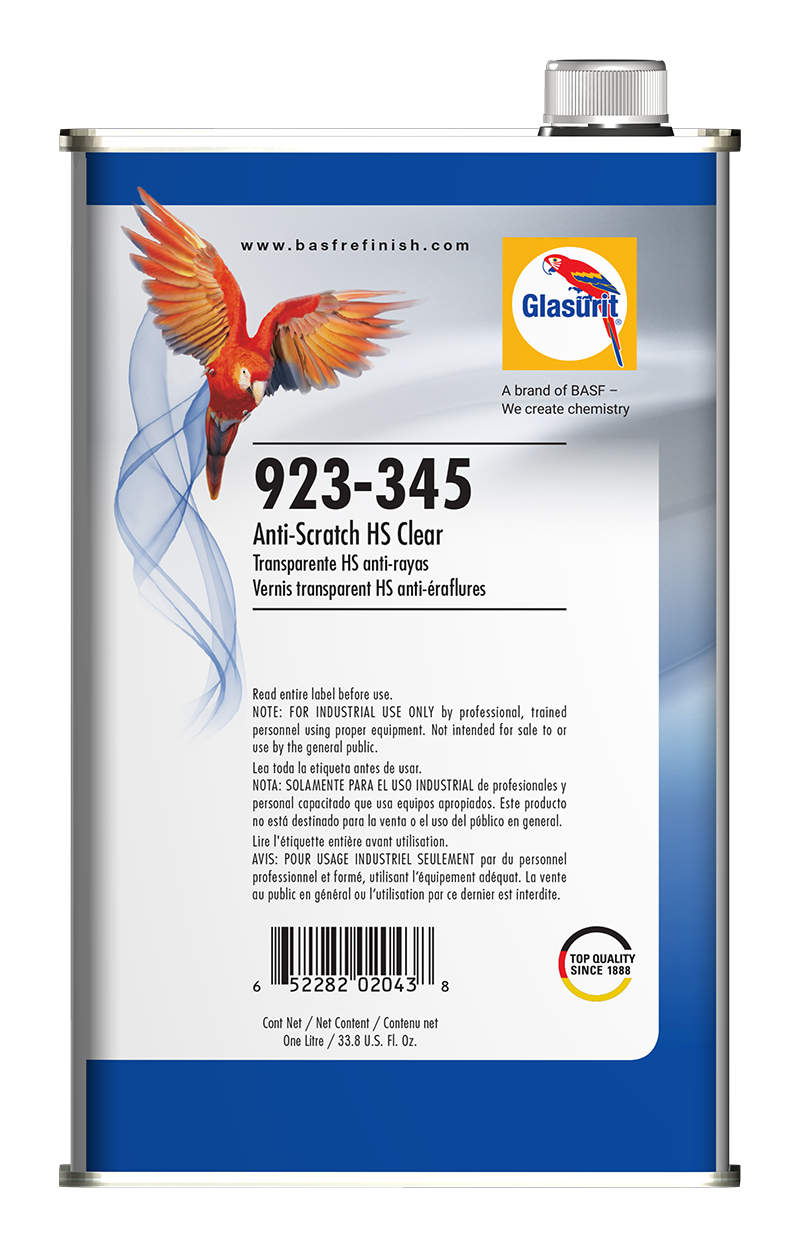 Glasurit 923-345 anti-scratch HS clear coat can with colorful parrot illustration on label