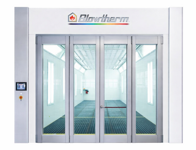 Automated door system with 'Blowtherm' branding on a white background