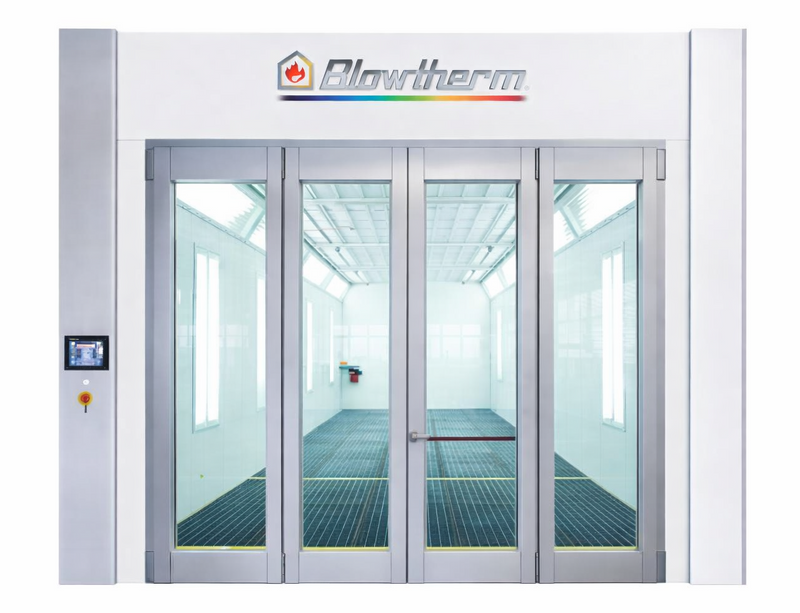 Automated door system with 'Blowtherm' branding on a white background
