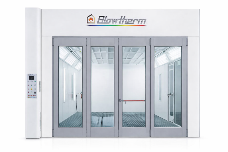 Glass door with 'Blowtherm' branding on a white background