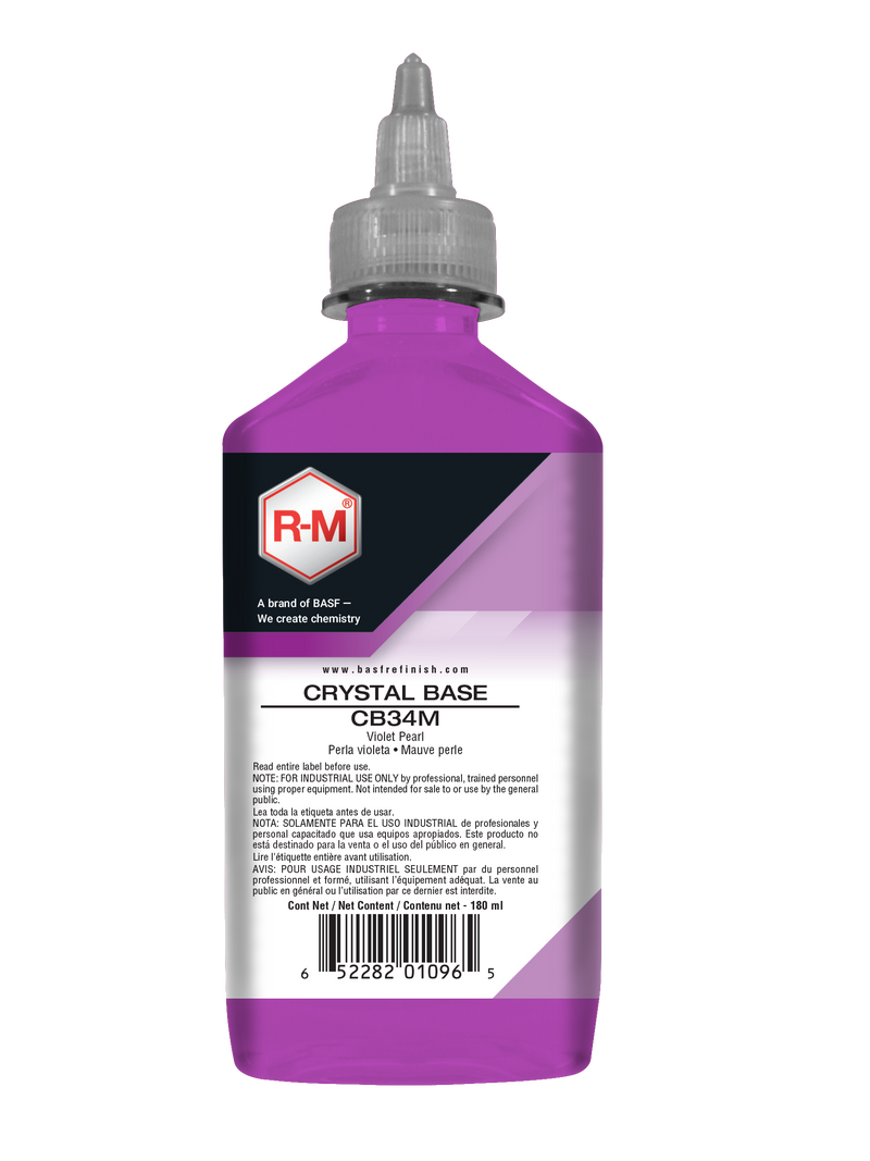 Purple bottle with a label featuring the RM logo on a white background