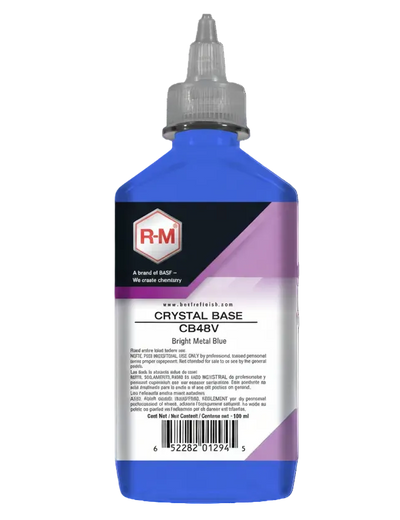 Bottle of R&M Crystal Base paint with blue and purple label on a white background