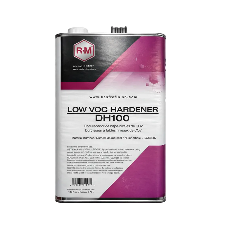 Low VOC Hardener DH100 can with RM branding on a white background