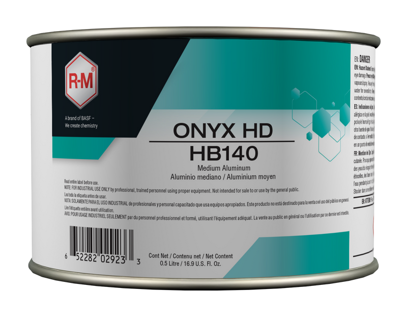 Can of R-M Onyx HD HB140 paint with label on a white background