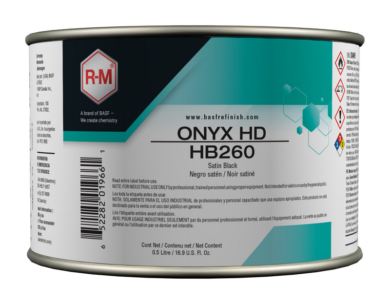 Can of R-M Onyx HD HB260 paint with label on a white background