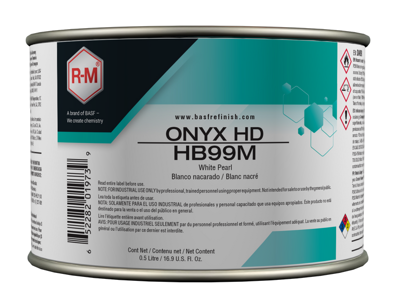 Can of R&M Onyx HD HB99M paint with label on a white background