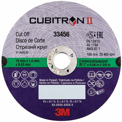 Cubitron II cut-off disc with specifications on a white background