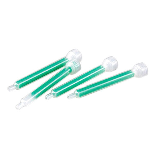Four green and clear mixing tips on a white background