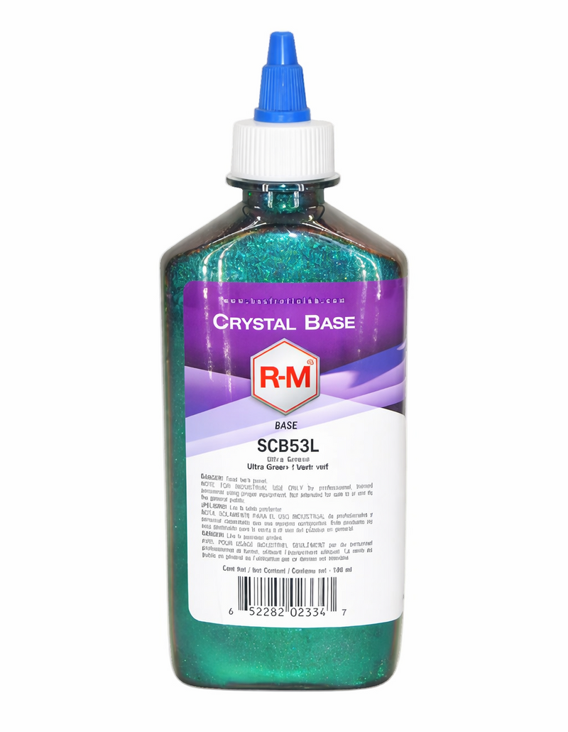 Bottle of RM Crystal Base with blue cap on a white background
