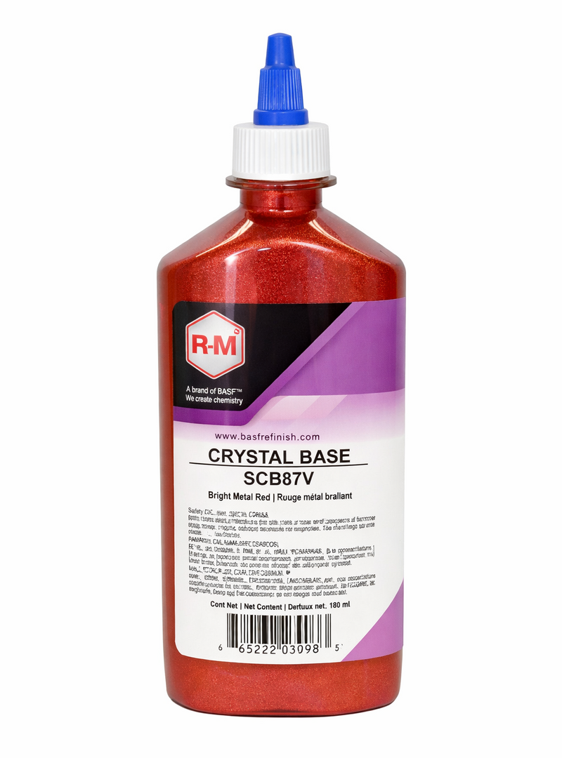 Bottle of RM Crystal Base with red liquid on a white background