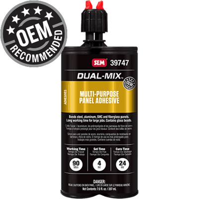 SEM Dual-Mix Multi-Purpose Panel Adhesive bottle with OEM Recommended badge on a green background