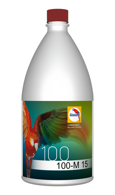 Bottle of Glasurit 100-M 15 paint with a colorful parrot on the label.