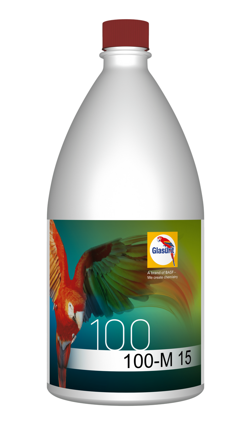 Bottle of Glasurit 100-M 15 paint with a colorful parrot on the label.