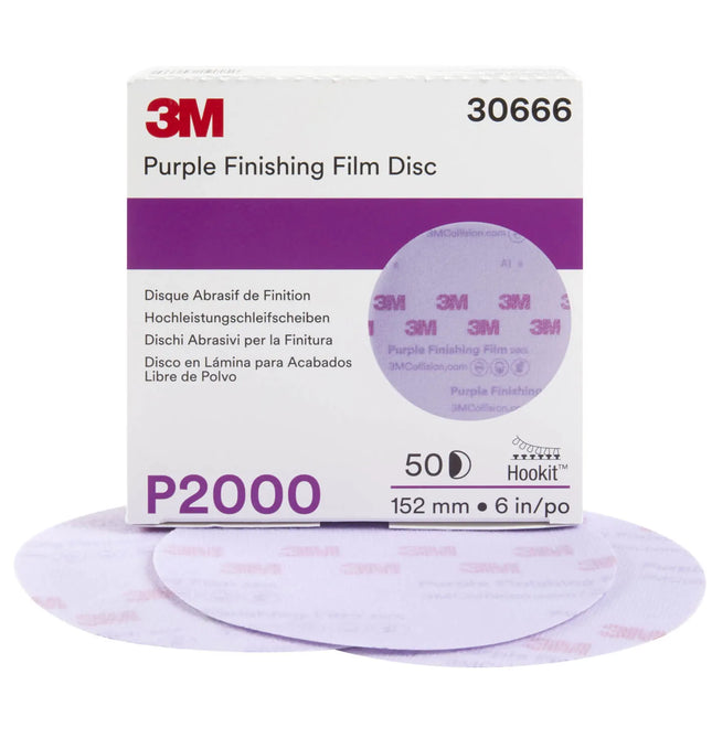 3M 30666 - 2000 Grit Hookit Purple Finishing Film Disc (6in, 50 Pcs, No Holes)