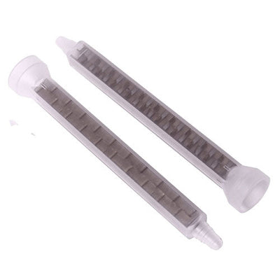 Two gray plastic mixing tips on a white background
