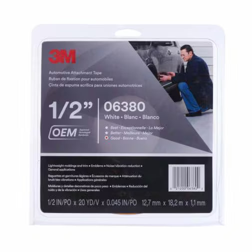 3M 06380 Double-Sided Automotive Attachment Tape white 1/2 inch x 20 yard roll