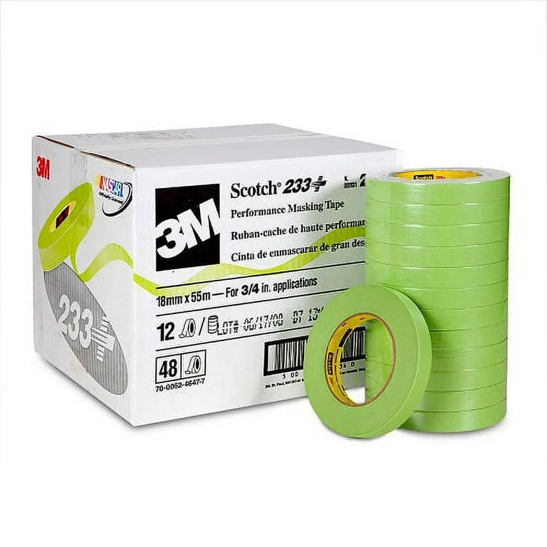 3M 26334 233+ masking tape 3/4 inch 18mm x 55 meter case of 48 rolls automotive refinishing