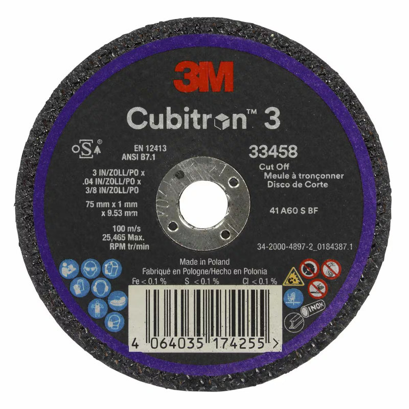3M 33458 Cubitron II cut-off wheel 3 inch x 0.04 inch x 3/8 inch 5 pack for metal cutting