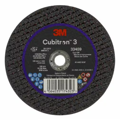 3M 33459 Cubitron II cut-off wheel 4 inch x 0.04 inch x 3/8 inch 5 pack for metal cutting