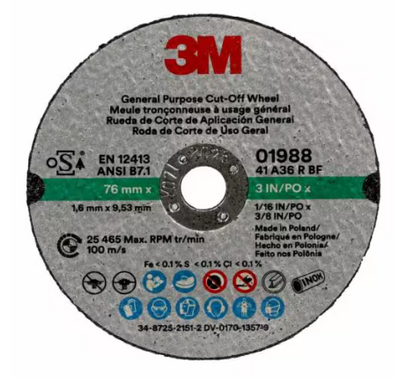 3M 01988 General Purpose Cut-Off Wheel 3 in × 1/16 in for metal cutting and repair applications