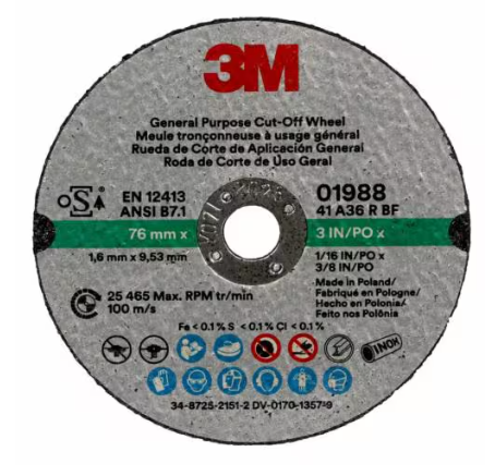 3M 01988 General Purpose Cut-Off Wheel 3 in × 1/16 in for metal cutting and repair applications