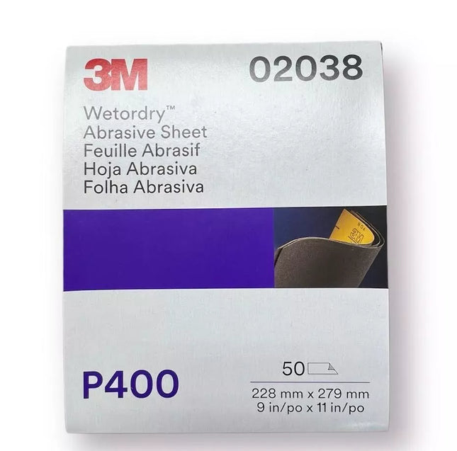 3M 02038 400 grit Wetordry abrasive sandpaper sheets (9" x 11"), 50 pack