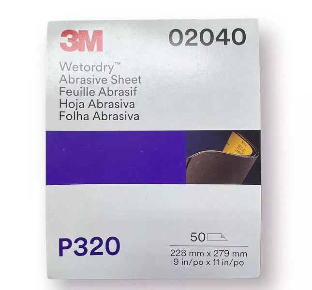 3M 02040 320 grit Wetordry abrasive sandpaper sheets (9" x 11"), 50 pack