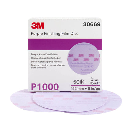 3M 30669 - 1000 Grit Hookit Purple Finishing Film Disc (6in, 50 Pcs, No Holes)