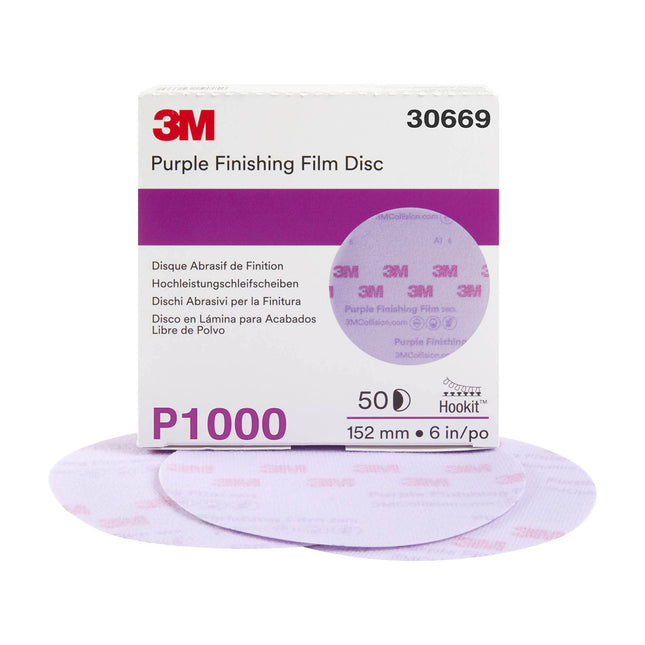 3M 30669 - 1000 Grit Hookit Purple Finishing Film Disc (6in, 50 Pcs, No Holes)