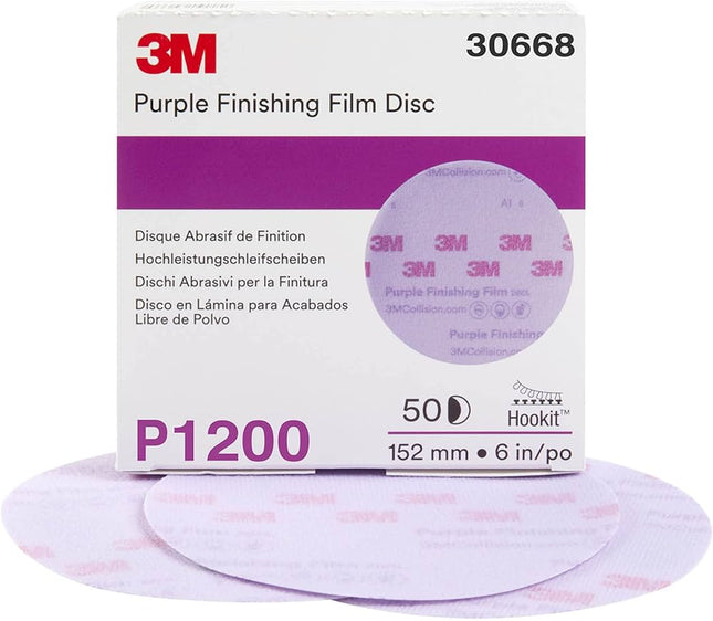 3M 30668 - 1200 Grit Hookit Purple Finishing Film Disc (6in, 50 Pcs, No Holes)