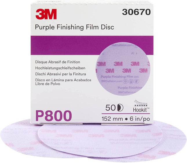 3M 30670 - 800 Grit Hookit Purple Finishing Film Disc (6in, 50 Pcs, No Holes)