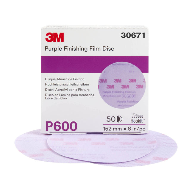 3M 30671 - 600 Grit Hookit Purple Finishing Film Disc (6in, 50 Pcs, No Holes)