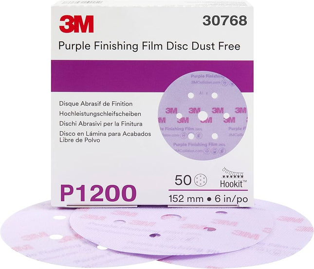 3M 30768 - 1200 Grit Hookit Purple Finishing Film Disc Dust Free (6in, 50 Pcs, Holes)