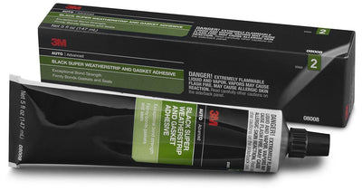 3M black super weatherstrip and gasket adhesive with packaging on a white background