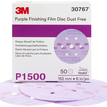 3M 30767 - 1500 Grit Hookit Purple Finishing Film Disc Dust Free (6in, 50 Pcs, Holes)